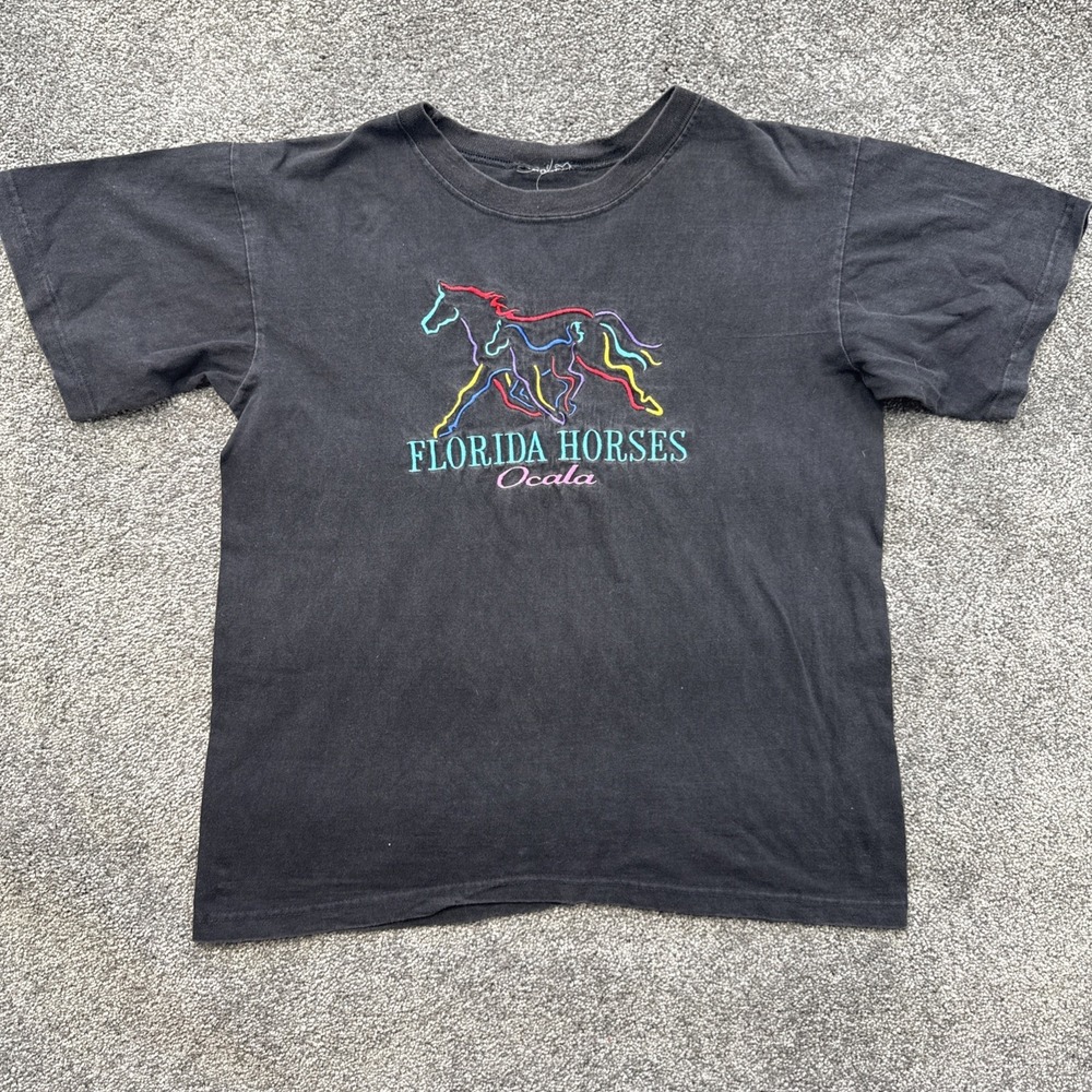 VTG Mens M 90s Florida Horses Ocala T-Shirt Embroidered Black Crewneck